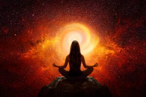 Woman,With,Yoga,Pose,In,Front,Of,The,Universe